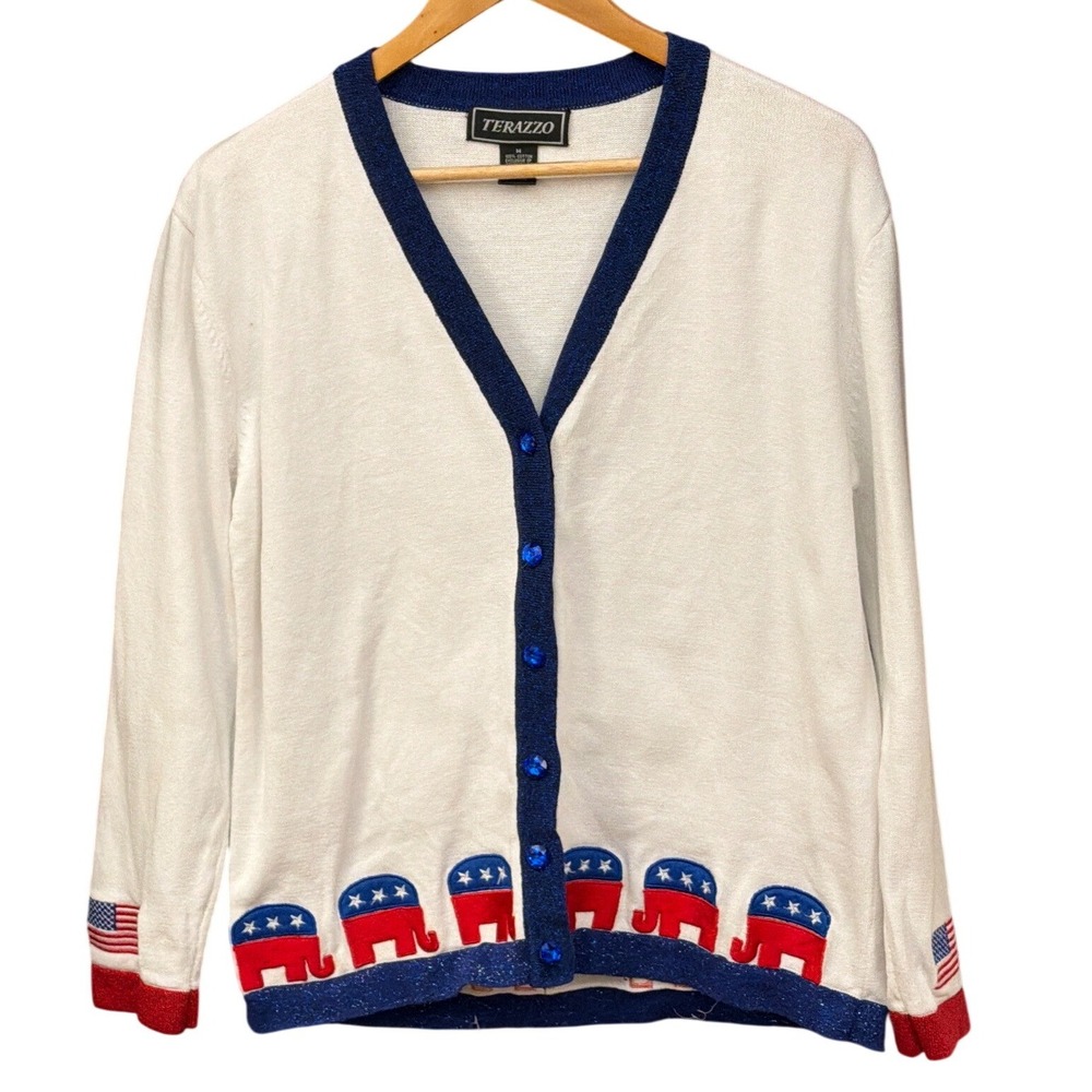 Vintage 90's Terazzo Cardigan Republican Elephant Americana Patriotic GOP